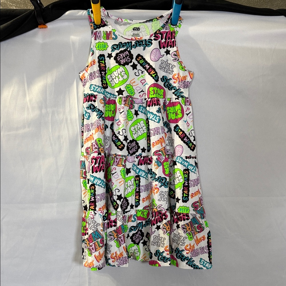 Amazon Essentials White Tank Dress with Neon Multicolor Graphic Print